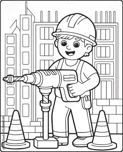 Construction worker working with drill machine black line art vector illustration for coloring page design for children