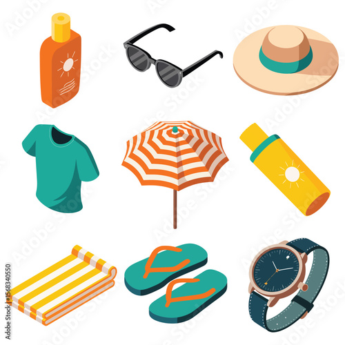 Sun protection essentials icon set featuring sunscreen sunglasses and wide brimmed hat isometric flat style

