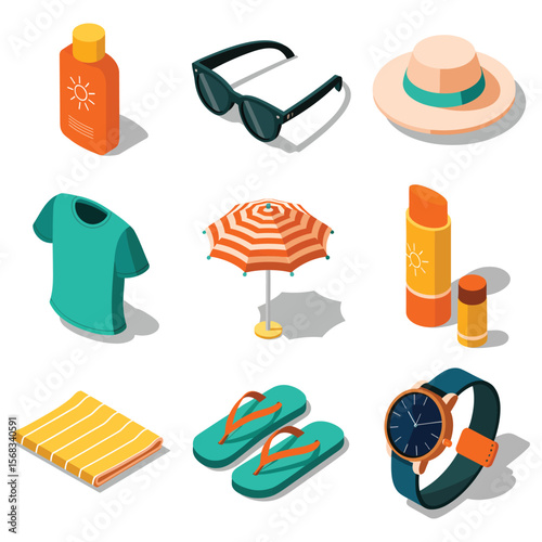 Sun protection essentials isometric flat icon collection sunscreen sunglasses and wide brimmed hat

