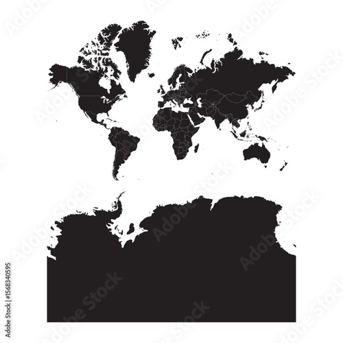 black silhouette world map with continent and country borders isolated on white background, vector outline