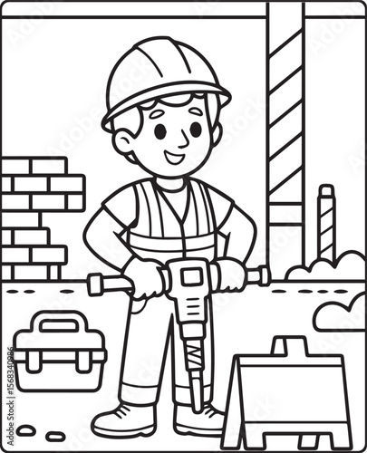 Construction worker working with tools black line art vector illustration for coloring page design for children