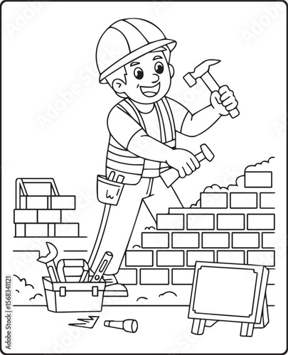 Construction worker working with hammer black line art vector illustration for coloring page design for children