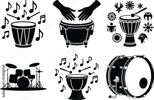 Drum Silhouette SVG Bundle, Drum Vector Art, and White Background. Bass Drum classical music illustration.