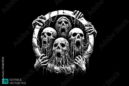 devil skull face scary creepy style tattoo dark art illustration vector black and white background templates