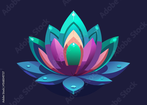 Vibrant abstract lotus flower with dew drops on dark background