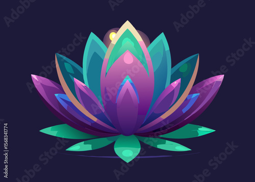 Vibrant stylized lotus flower with purple green and blue petals on dark background