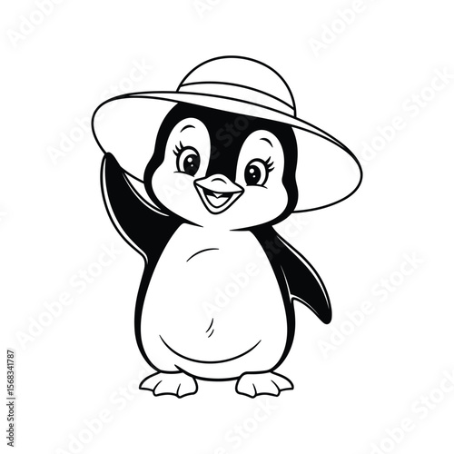 Cute Penguin Cartoon Wearing Hat Black and White Vector Illustration.
