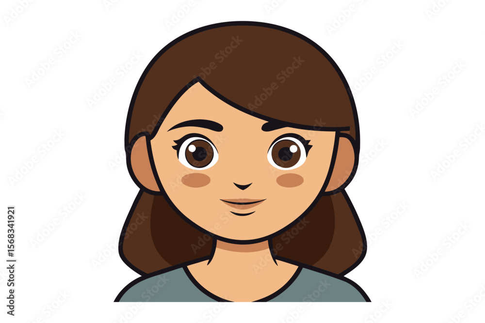 Fototapeta premium Smiling Girl Cartoon: A cheerful cartoon illustration of a young girl with shoulder-length brown hair and a friendly smile, perfect for representing youth, happiness, or general positivity. 