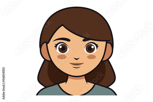 Smiling Girl Cartoon: A cheerful cartoon illustration of a young girl with shoulder-length brown hair and a friendly smile, perfect for representing youth, happiness, or general positivity. 