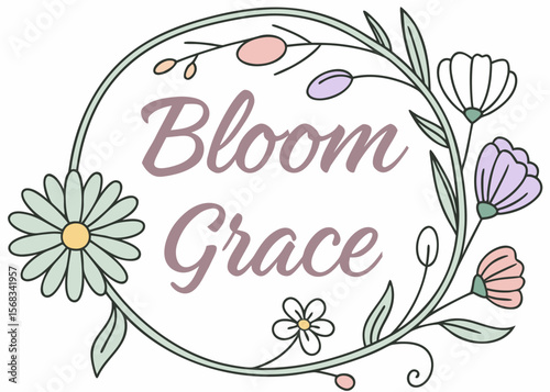 Bloom grace text with floral wreath and pastel colors