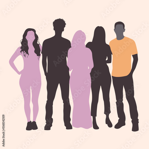 Diverse Group Silhouette Illustration Modern Style Fashionable People Standing Together Representing Unity and Diversity in a Minimalist and Artistic Way