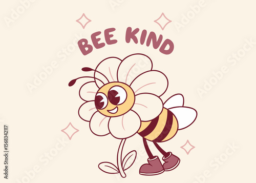 Cute cartoon bee with flower petals and the words bee kind