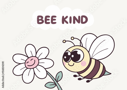 Cute cartoon bee and flower with the phrase bee kind