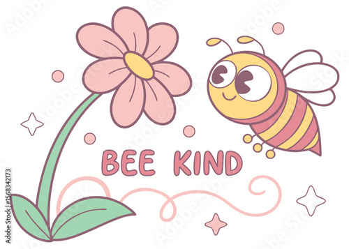 Cute cartoon bee flying towards a pink flower with the words bee kind