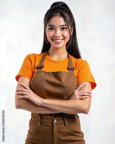 Portrait of a confident smiling Asian woman in an apron, perfect for small business, cafe or service ads