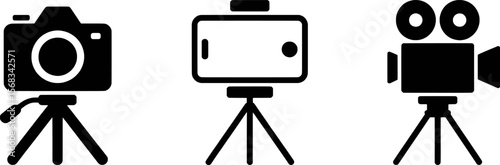Camera phone and film camera tripod icons vector illustration set video