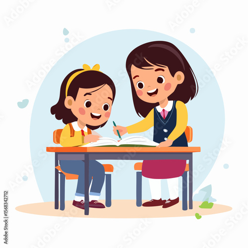 A helpful child leans over to assist a classmate with a math problem�highlighting academic support, empathy, and collaborative learning in a modern school setting