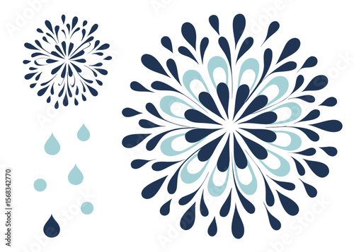 Abstract floral burst design with falling water droplets in navy blue and light blue
