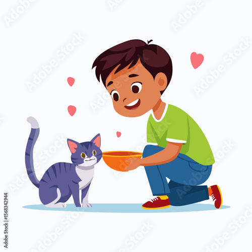 A young boy kneels to feed his pet cat with a bowl in hand, smiling softly, showing care, patience, and responsibility through quiet acts of love for animals