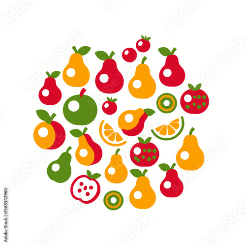 Colorful Fruits Illustration Featuring Apples Pears Oranges and Kiwis in a Circular Arrangement - Fresh and Healthy Food Design - Vibrant and Eye Catching Graphic