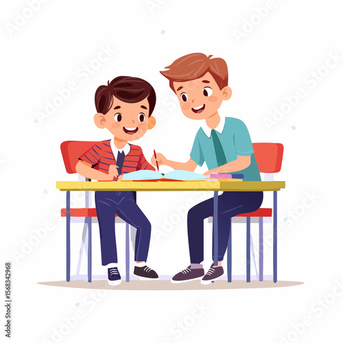 A focused student leans over to assist a classmate with a math problem, highlighting kindness, teamwork, and academic collaboration in a learning environment