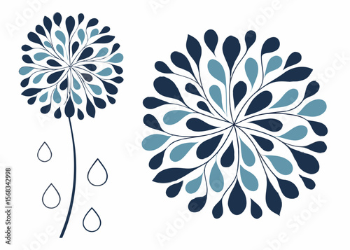 Abstract floral design with blue and navy petals and falling raindrops