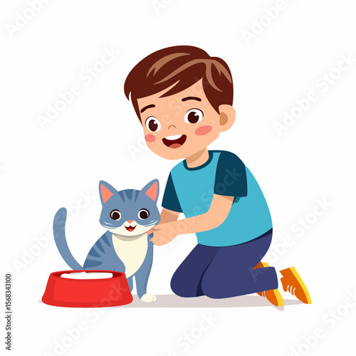 Flat vector of a boy kneeling and softly feeding his pet cat, showing affection and care for animals