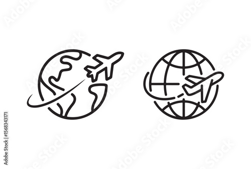 Two simple line art icons depicting airplanes flying around the globe isolated on white background
