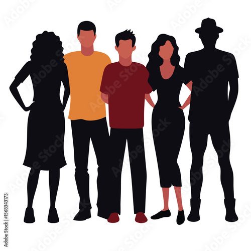 Stylized Group of Diverse Young Adults Standing Together Casually Fashionable and Modern Graphic Illustration with Faceless Style and Simple Color Palette