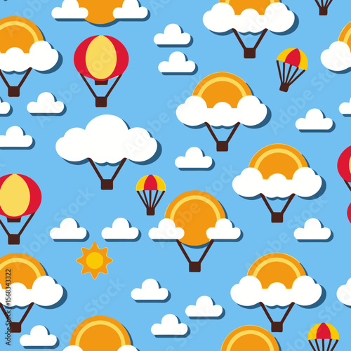 Cartoon Sky Background with Hot Air Balloons and Clouds Pattern- Whimsical Sky Design for Kids- Fun Colorful Illustration with Balloons and Clouds- Bright Backdrop