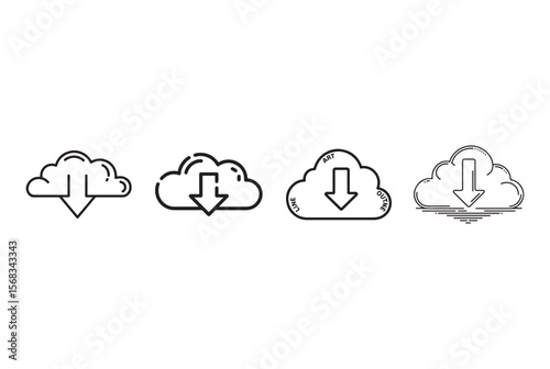 Collection of cloud download icons with down arrow symbol isolated on white background