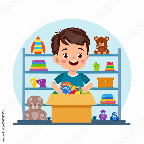 A cheerful boy proudly cleans up, placing toys into a storage bin in a tidy playroom�promoting responsibility, organization, and good habits in childhood routines