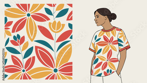 Woman wearing a t shirt with a vibrant abstract floral pattern and matching fabric swatch