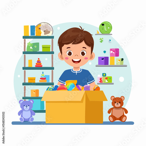 A happy boy places toys into a storage box, smiling with pride�building responsibility and order through daily clean-up habits in a playful and organized space