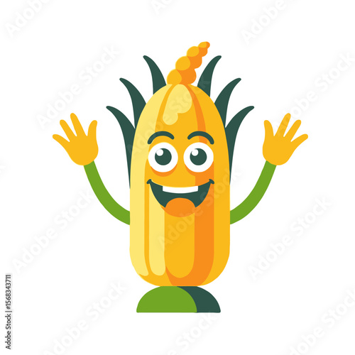 Happy Corn Cartoon Character Illustration-Cheerful Maize Mascot with Big Smile-Cute Corn Cob Vector for Kids-Agriculture and Food Concept Graphics