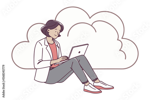 Cloud Computing and Modern Woman: A woman sits comfortably with a laptop against a backdrop of cloud, epitomizing the evolving world of technology and flexible work practices.