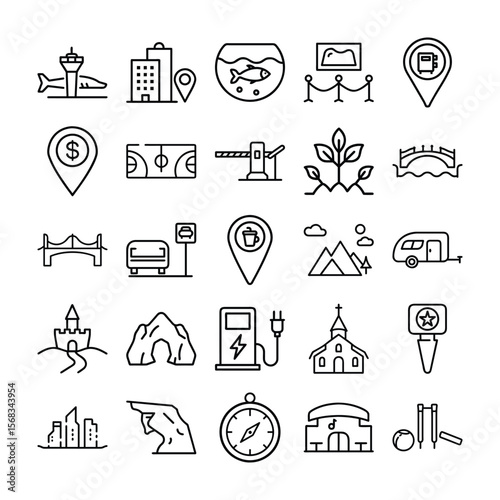 Collection of Black and White Line Icons Representing Travel and Leisure