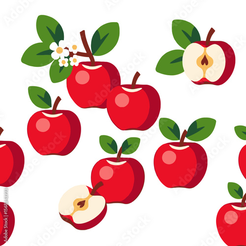 Red Apples Seamless Pattern- Fresh Fruit Design with Leaves and Flowers- Healthy Eating Vector Background- Apple Orchard Illustration- Kitchen Decor Art_