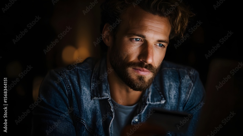 Obraz premium Serious man checking credit card balance with intense focus