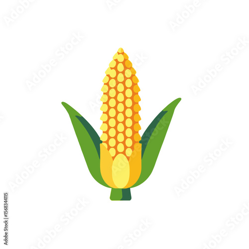 Illustration of a Ripe Corn on the Cob-Fresh Sweetcorn Still on the Stalk-Healthy Vegetable Graphic-Vibrant Yellow Corn with Green Leaves-Farm Fresh Produce Image
