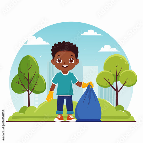 Flat vector illustration of a child collecting trash in a public park, wearing gloves, promoting environmental awareness and responsibility