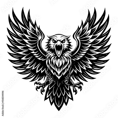 Fierce Tribal Eagle Vector Illustration – Aggressive Bird of Prey with Wings Spread Wide in Black and White