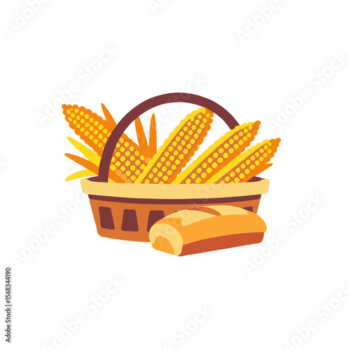 Corn and Bread Basket Illustration- Fresh Harvest Produce- Bakery and Farm Fresh Concept- Delicious Grains and Baked Goods Image- Healthy Eating Art