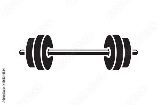 Black silhouette of a barbell with weight plates isolated on white background