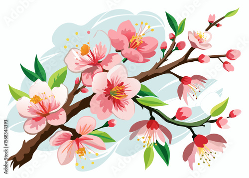 Vibrant Pink Peach Blossoms Branch Spring Floral Illustration