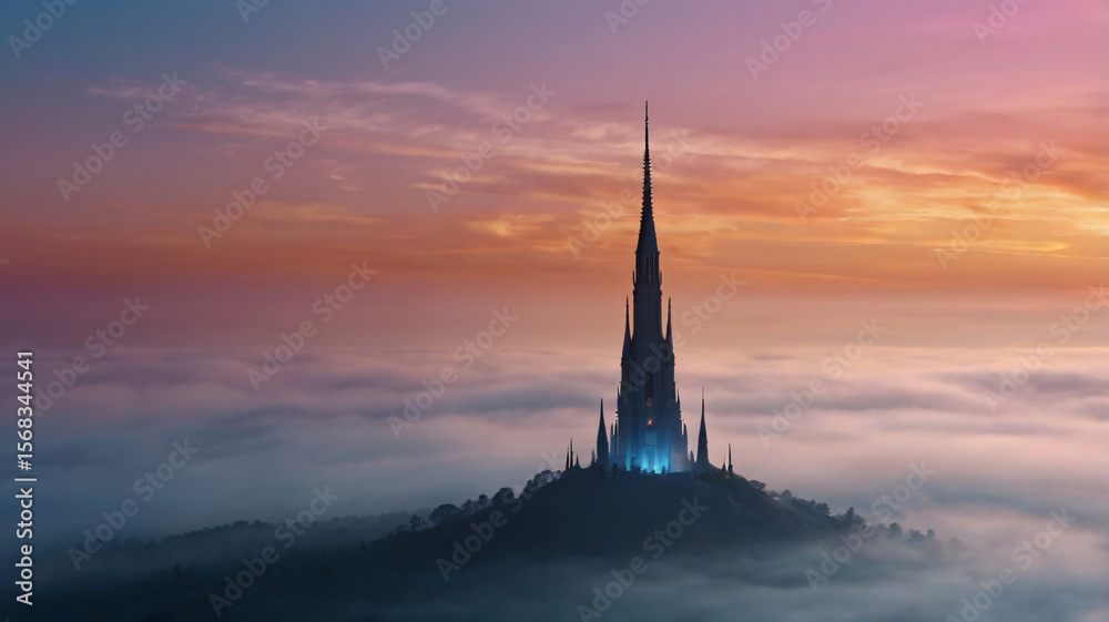 Obraz premium Surreal Spire in White Mist with Gradient Sky – Ethereal Landscape Photo (4K Ultra HD)