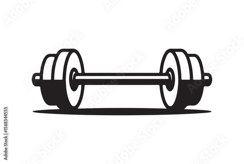 Black and white illustration of a barbell with weights isolated on white background