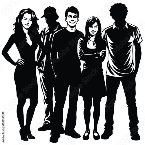 Silhouette Illustration of a Diverse Group of Young Adults Standing Together, Depicting Teamwork, Unity, and Modern Fashion in Black and White
