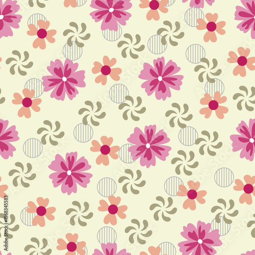 Scandinavian flowers vector seamless pattern. Floral surface design of blush pink scandi flowers and polka dots