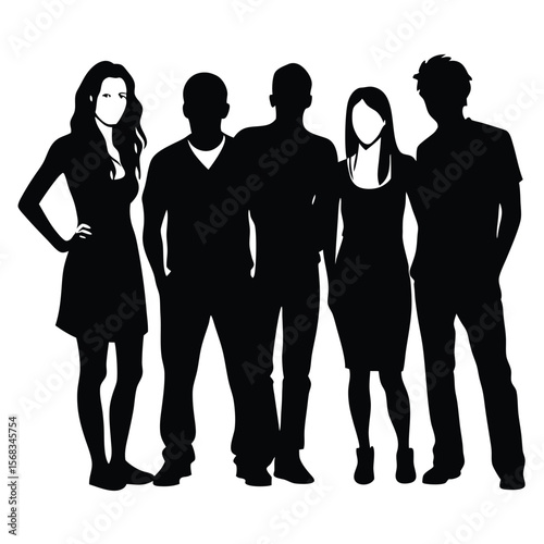 Monochromatic Ensemble Silhouette of Five People Standing Closely Together Depicting Unity Friendship and Connection Amidst the White Backdrop